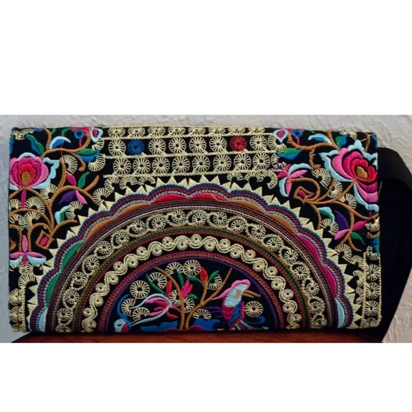 Embroidered Floral Print Zipper Money Coin Wallet Purse Multicolor Artsy - Picture 4 of 10